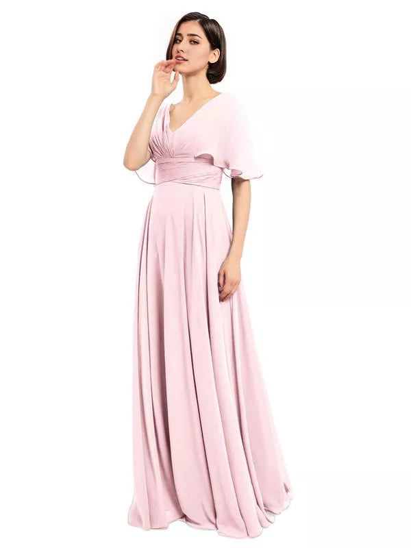 Elegantes vestidos largos de dama de honor de gasa con escote en V y mangas cortas