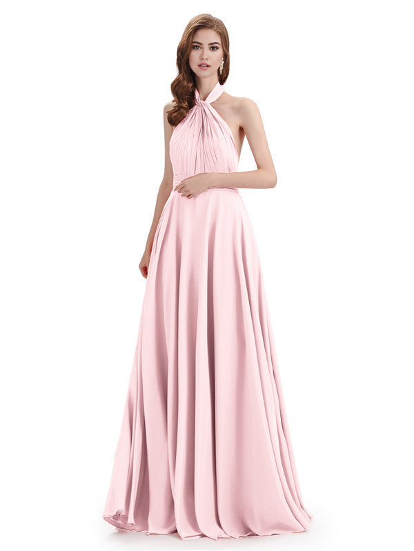 Simple A-Line High Neck Halter Sleeveless Pleats Chiffon Floor Length Bridesmaid Dresses