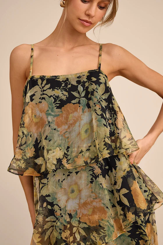 Bohemian Floral Print Chiffon Maxi Square Neck Spaghetti Strap Tiered Ruffle Formal Evening Prom Dresses
