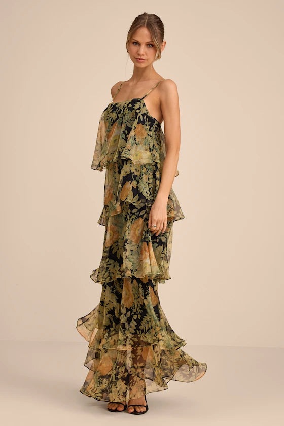 Bohemian Floral Print Chiffon Maxi Square Neck Spaghetti Strap Tiered Ruffle Formal Evening Prom Dresses