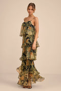 Dark Navy Floral Chiffon A-Line Floor-Length Bridesmaid Dress
