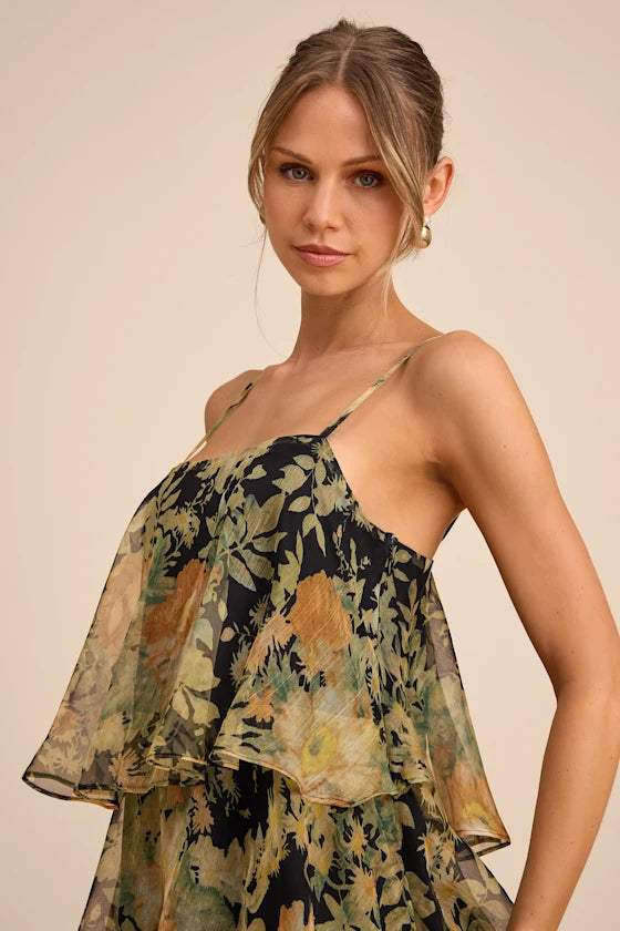 Bohemian Floral Print Chiffon Maxi Square Neck Spaghetti Strap Tiered Ruffle Formal Evening Prom Dresses