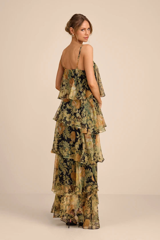 Bohemian Floral Print Chiffon Maxi Square Neck Spaghetti Strap Tiered Ruffle Formal Evening Prom Dresses