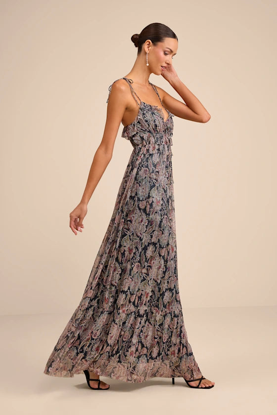 Bohemian Paisley Print Chiffon Maxi V-Neck Tie-Strap Ruffle Tiered Formal Evening Prom Dresses