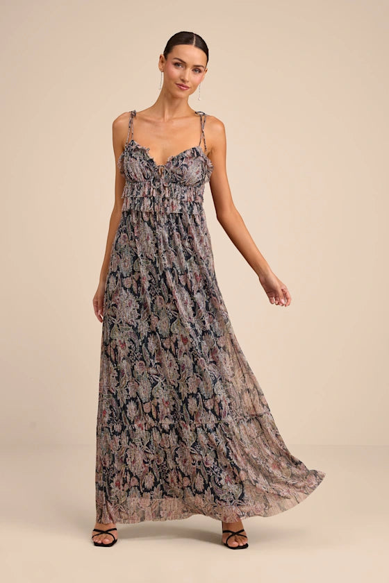Bohemian Paisley Print Chiffon Maxi V-Neck Tie-Strap Ruffle Tiered Formal Evening Prom Dresses