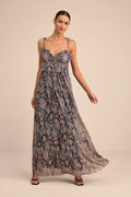 Dark Navy Floral Chiffon Sweetheart A-Line Floor-Length Dress