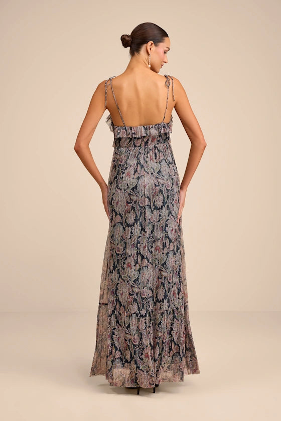 Bohemian Paisley Print Chiffon Maxi V-Neck Tie-Strap Ruffle Tiered Formal Evening Prom Dresses