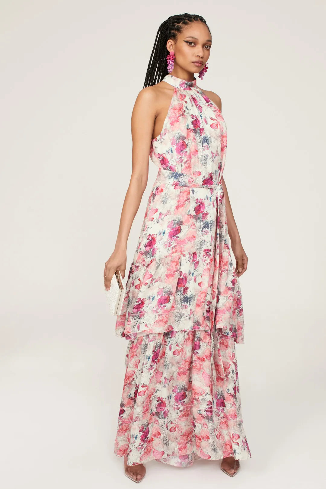 Bold Fuchsia Floral A-Line Halter-Neck Sleeveless Tiered Maxi Prom Dresses