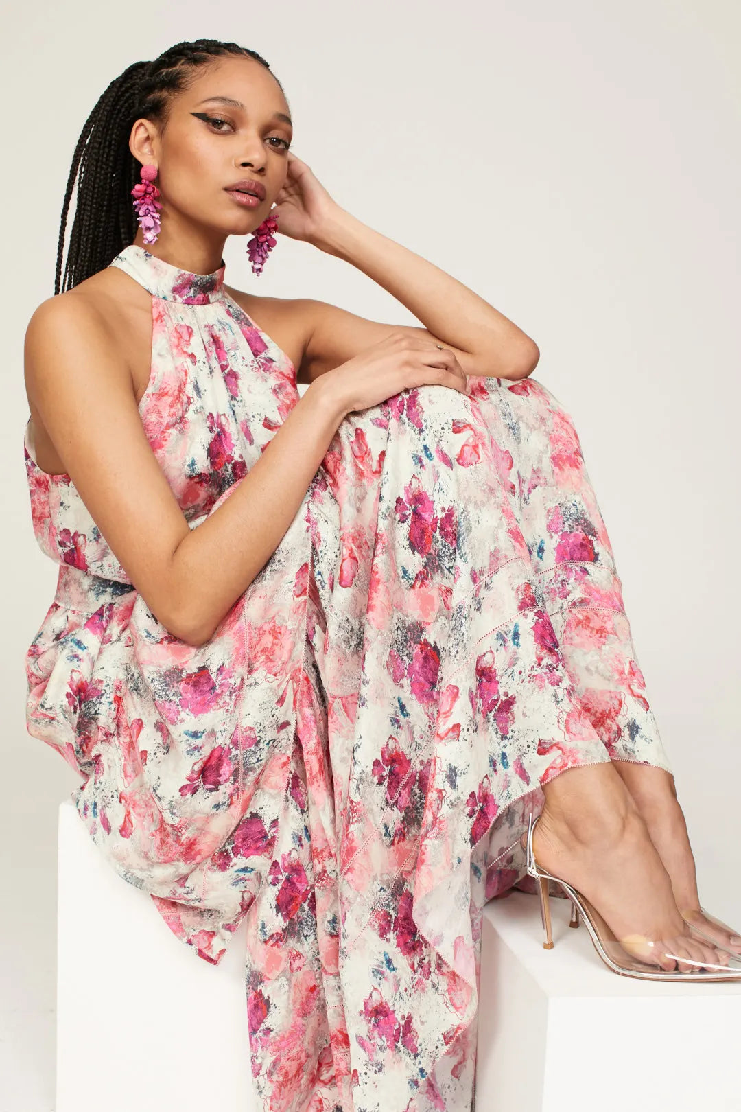 Bold Fuchsia Floral A-Line Halter-Neck Sleeveless Tiered Maxi Prom Dresses