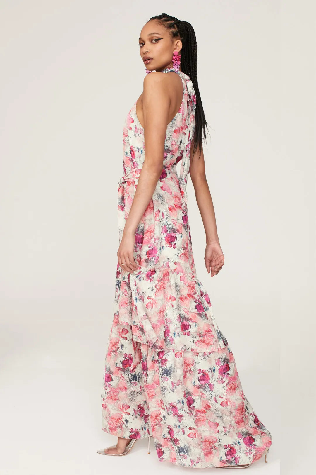 Bold Fuchsia Floral A-Line Halter-Neck Sleeveless Tiered Maxi Prom Dresses