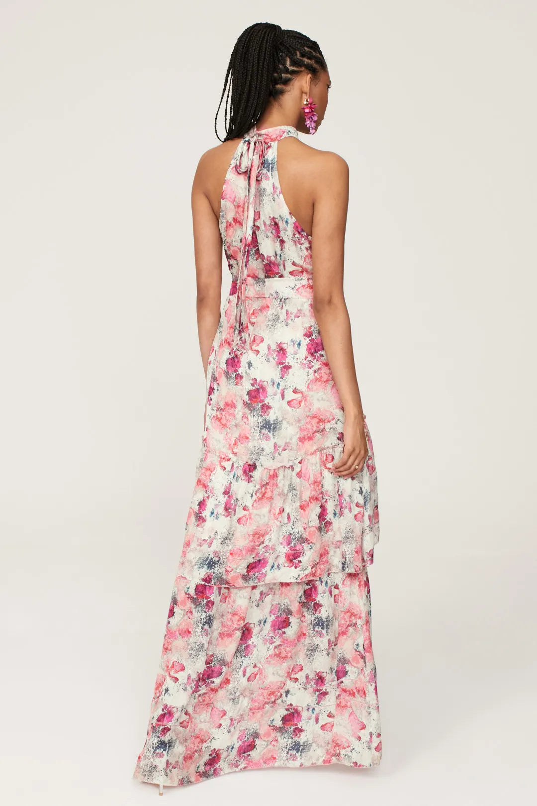 Bold Fuchsia Floral A-Line Halter-Neck Sleeveless Tiered Maxi Prom Dresses
