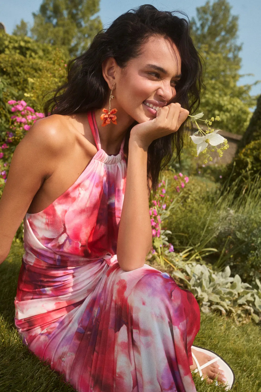 Bold Fuchsia Tie-Dye Bodycon Halter-Neck Sleeveless Twist-Waist Maxi Prom Dresses