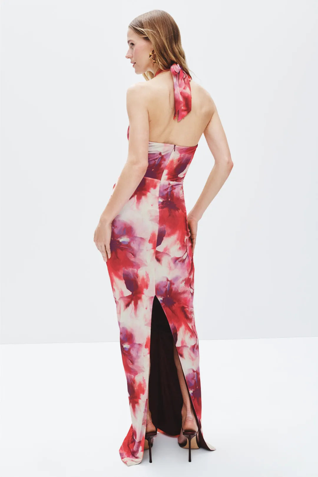 Bold Fuchsia Tie-Dye Bodycon Halter-Neck Sleeveless Twist-Waist Maxi Prom Dresses