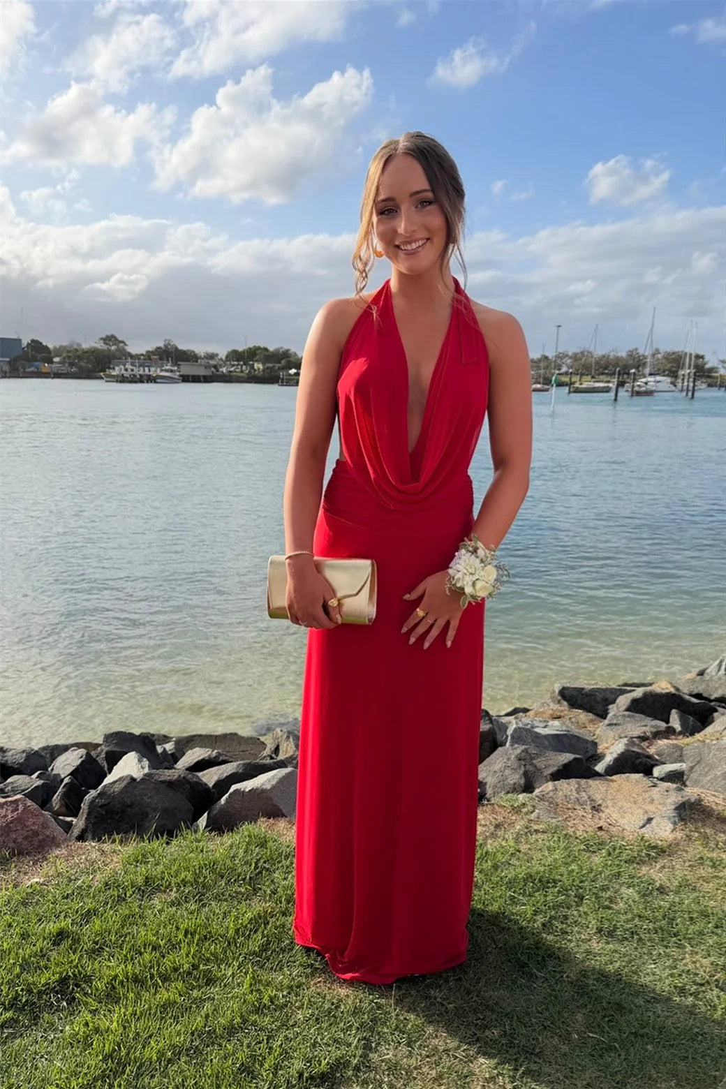 Bold Red Halter Prom Dresses with Cowl Neckline, Ruched Bodice and Floor-Length Jersey Skirt Formal Gown