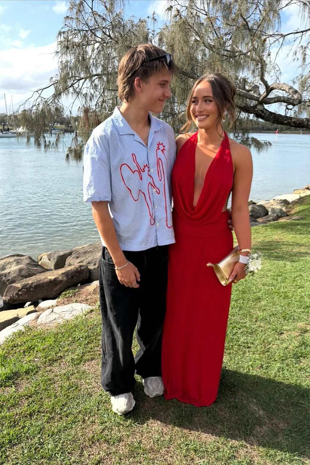 Bold Red Halter Prom Dresses with Cowl Neckline, Ruched Bodice and Floor-Length Jersey Skirt Formal Gown