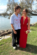 Red Halter Neck Sheath/Column Floor-Length Evening Dress with Deep Cowl Neck & Side Cutouts