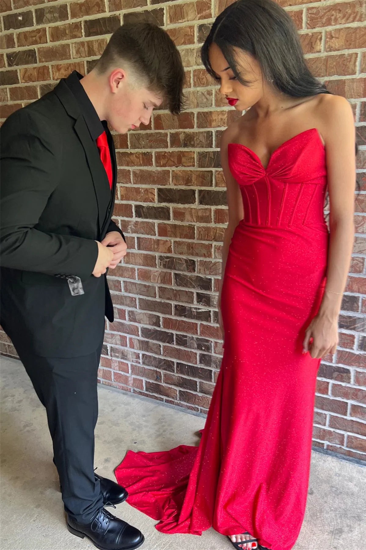 Bold Strapless Sweetheart Glitter Mermaid Prom Dress with Ruched Back & Train