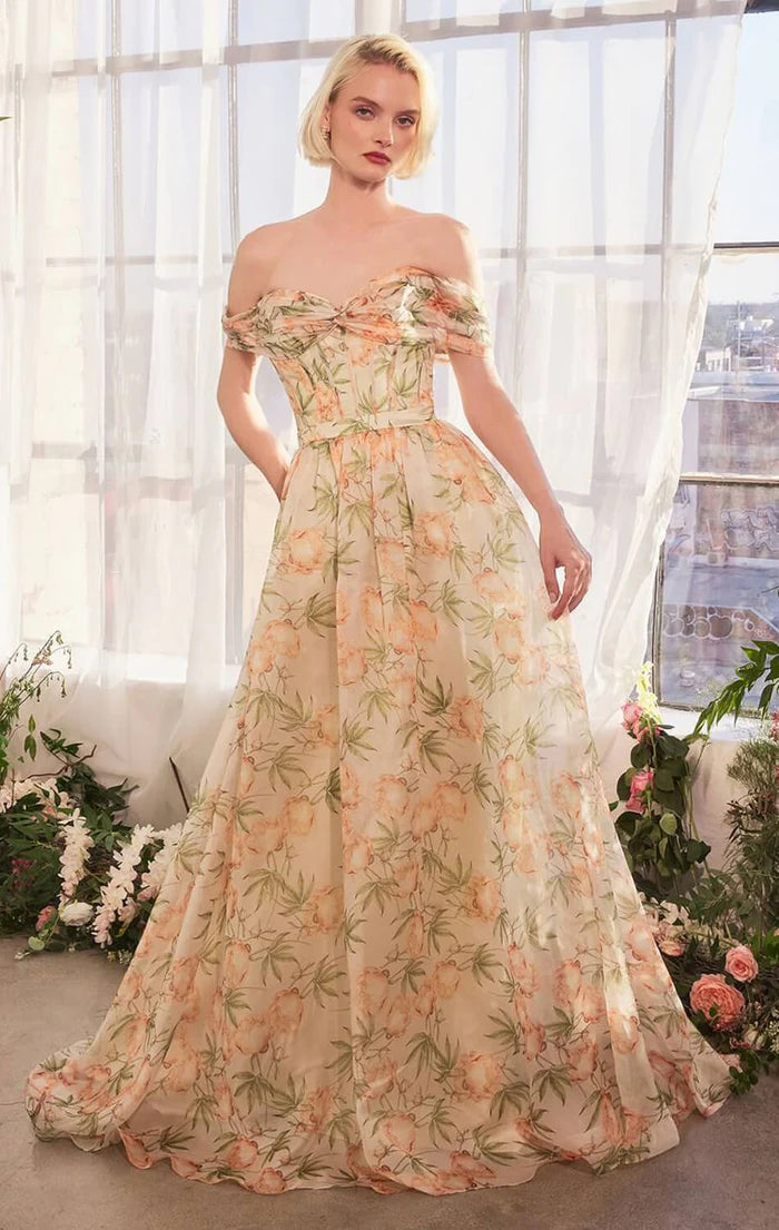 Botanical Floral Off-the-Shoulder Sweetheart Neck Corset Bodice A-Line Organza Prom Dress