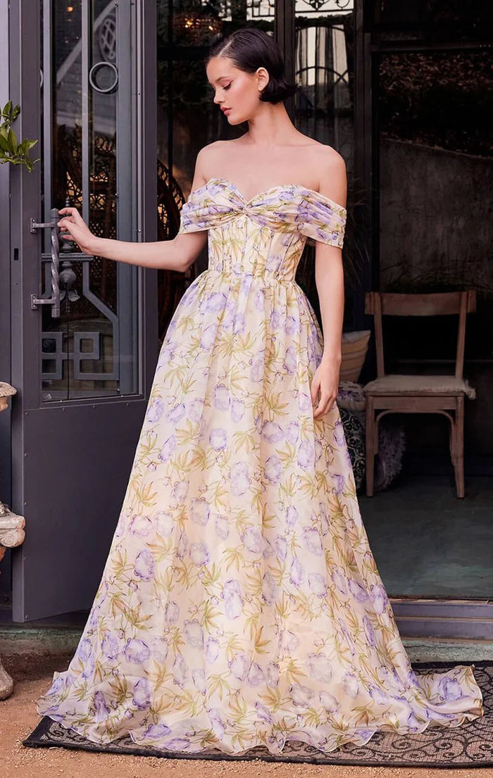 Botanical Floral Off-the-Shoulder Sweetheart Neck Corset Bodice A-Line Organza Prom Dress