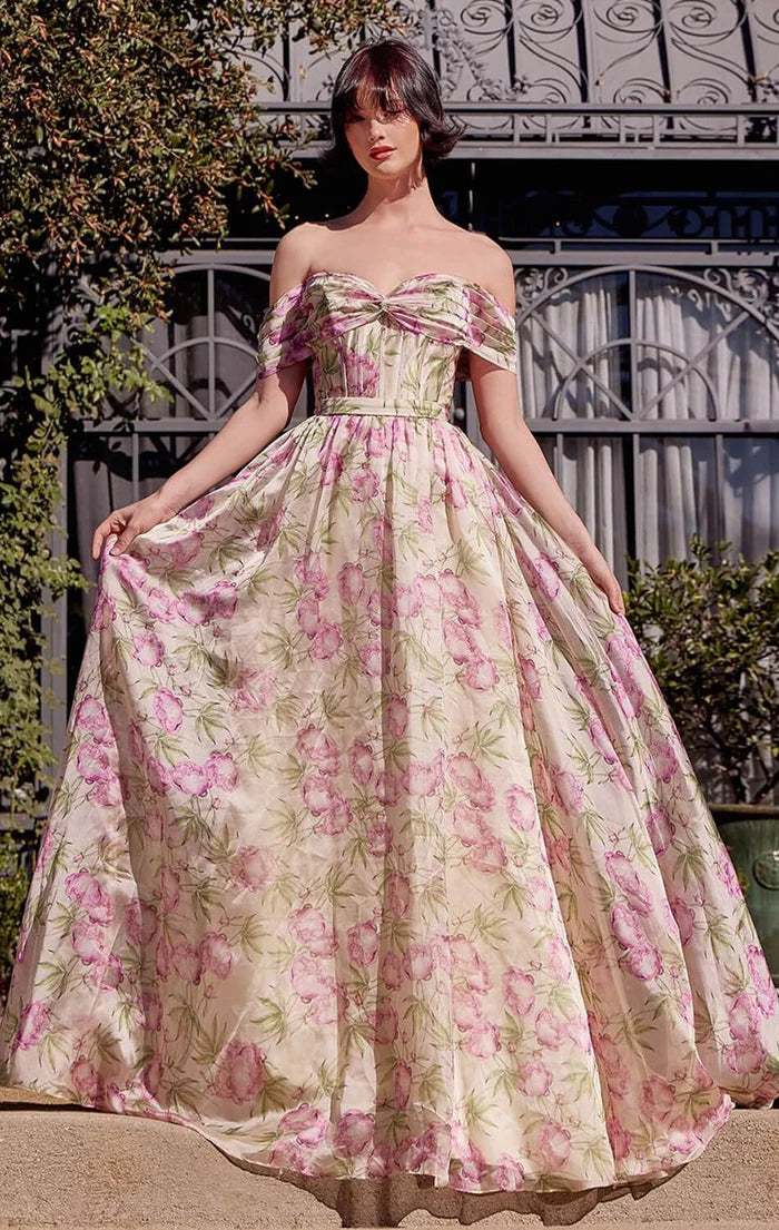 Botanical Floral Off-the-Shoulder Sweetheart Neck Corset Bodice A-Line Organza Prom Dress
