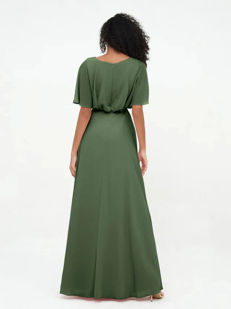 Chiffon Short-Sleeve Boat Neck Tie-Waist A-Line Floor-Length Bridesmaid Dresses