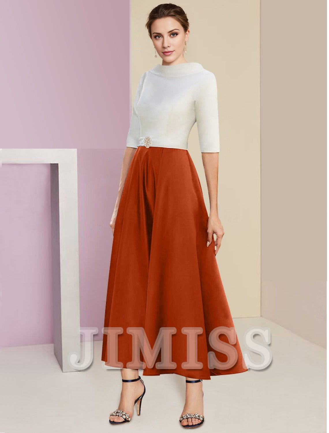 A-Line Mother of the Bride Dress Wedding Guest Elegant Vintage Jewelry Collar Tea Length Charmeuse Satin Half Sleeves with Ruffles Crystals