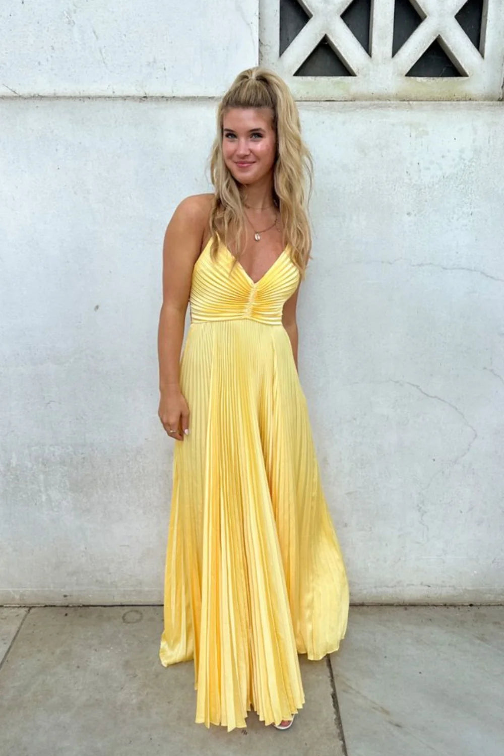 Yellow Satin A-Line Floor-Length Bridesmaid Dress with V-Neck and Pleated Bodice