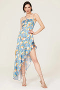 Blue Satin A-Line Asymmetrical Dress with Cutout Bodice and Ruffled High-Low Hem