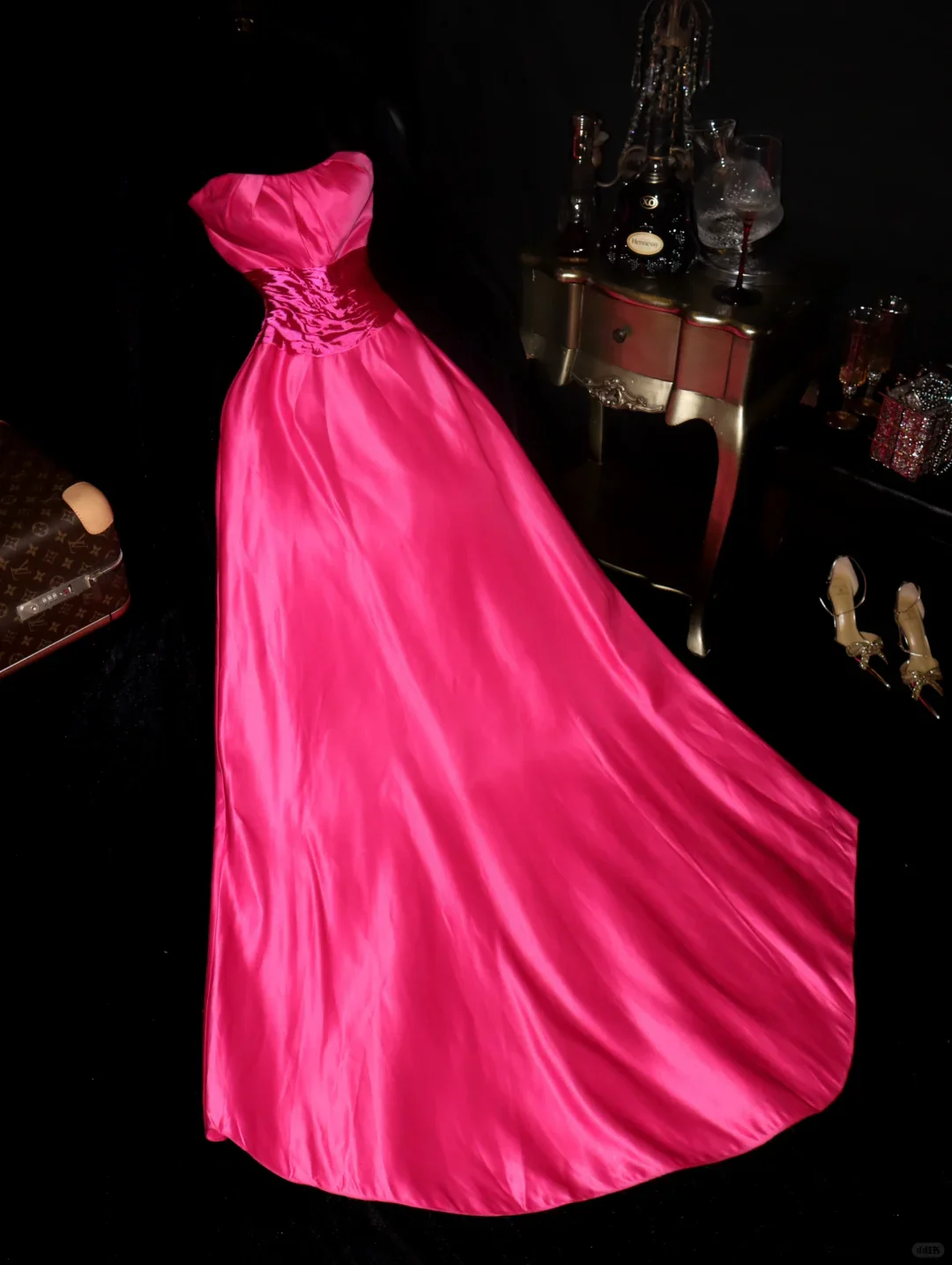 Bright Pink Strapless Satin Ball Gown with Large Bow Floor Length Evening Dresses