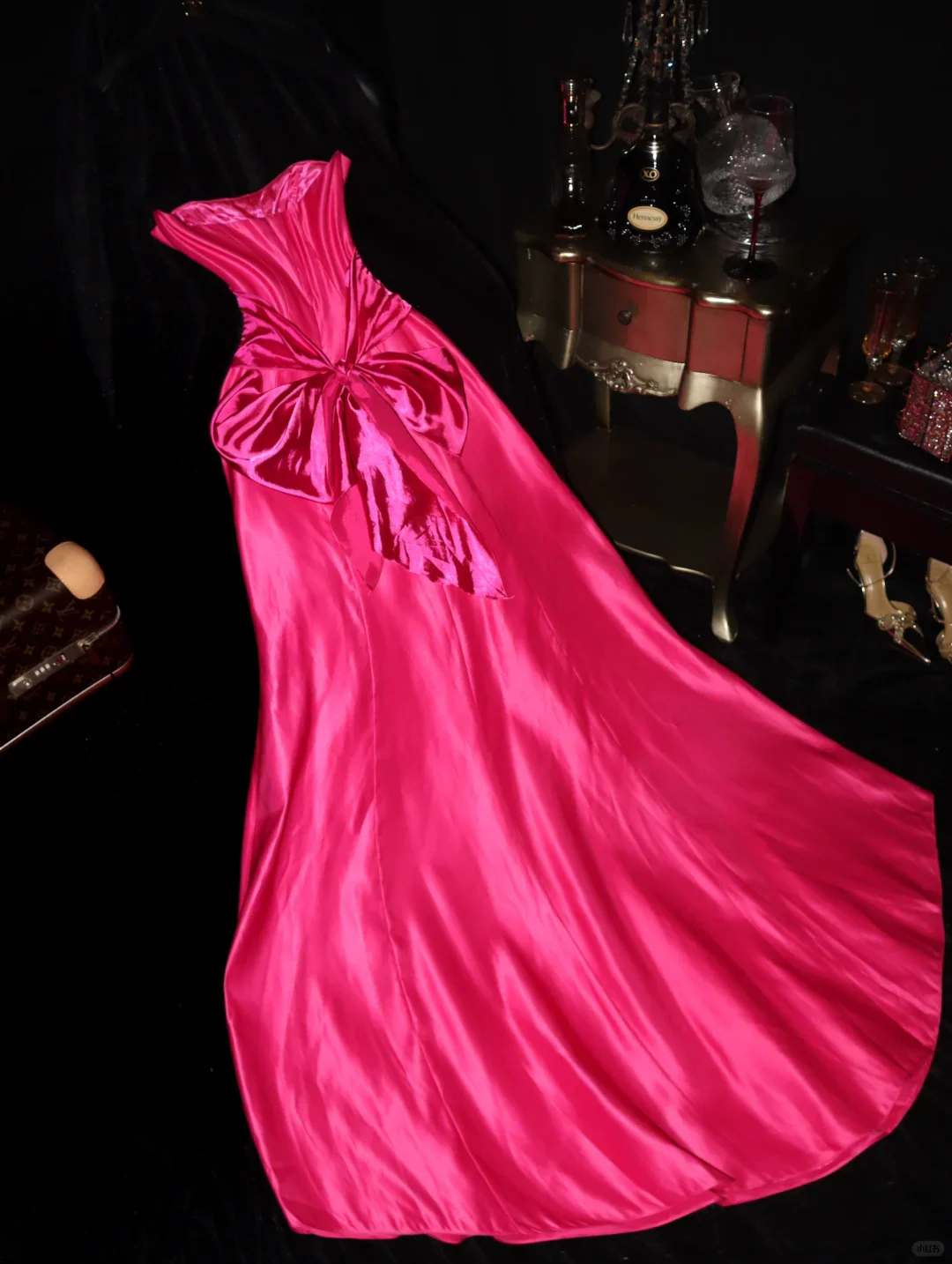 Bright Pink Strapless Satin Ball Gown with Large Bow Floor Length Evening Dresses