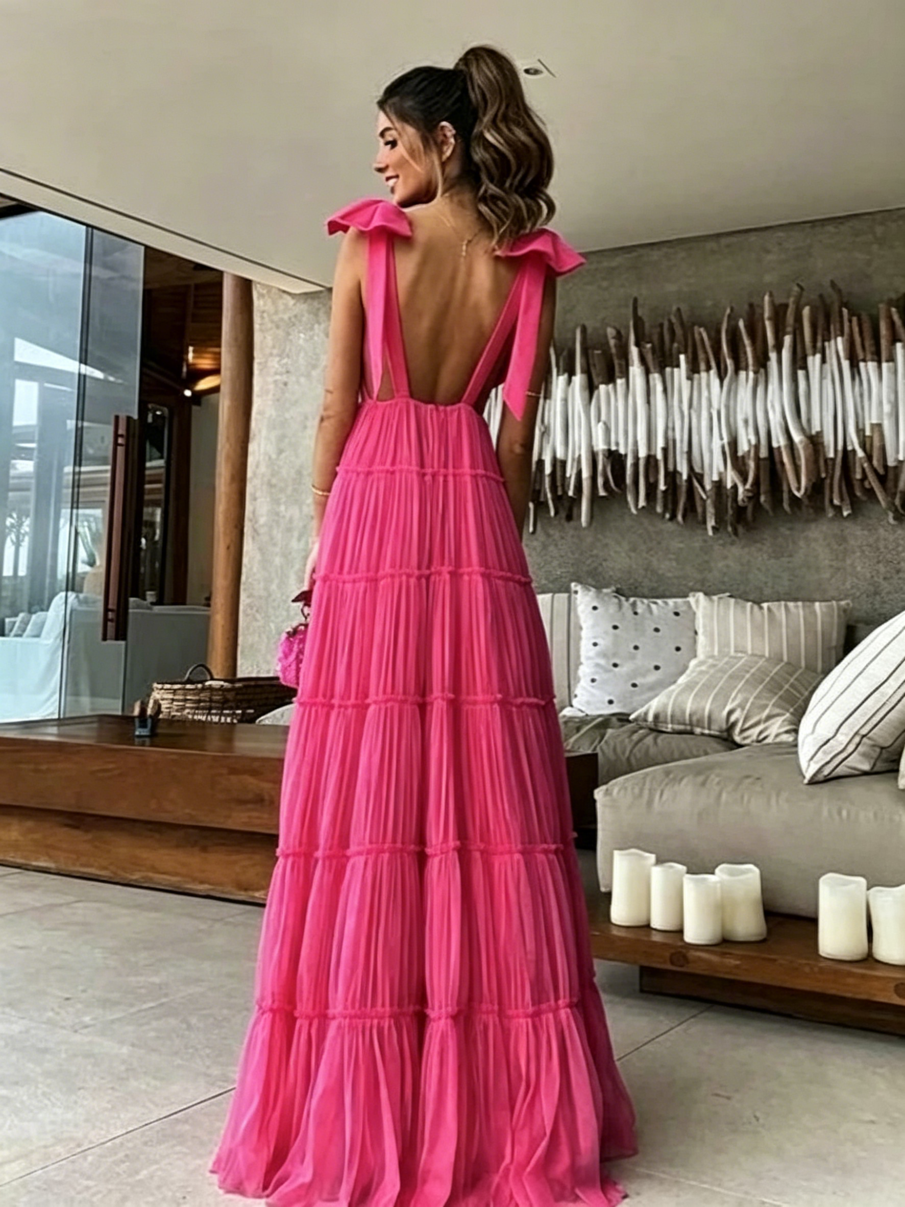 Bright Pink Tiered Tulle Maxi Dress Deep V Neck Ruffle Strap Open Back Evening Dresses