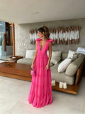 Pink Chiffon A-Line V-Neck Floor-Length Bridesmaid Dress with Tiered Skirt