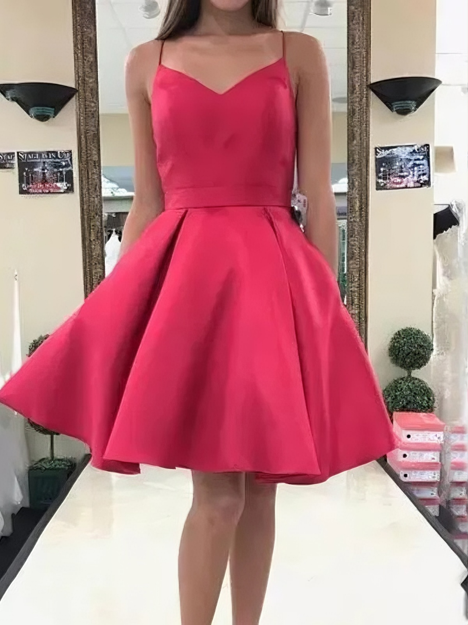 Bright Red Gloss Satin Spaghetti Strap V-Neck Back Big Bow Pockets A-Line Mini Homecoming Dresses