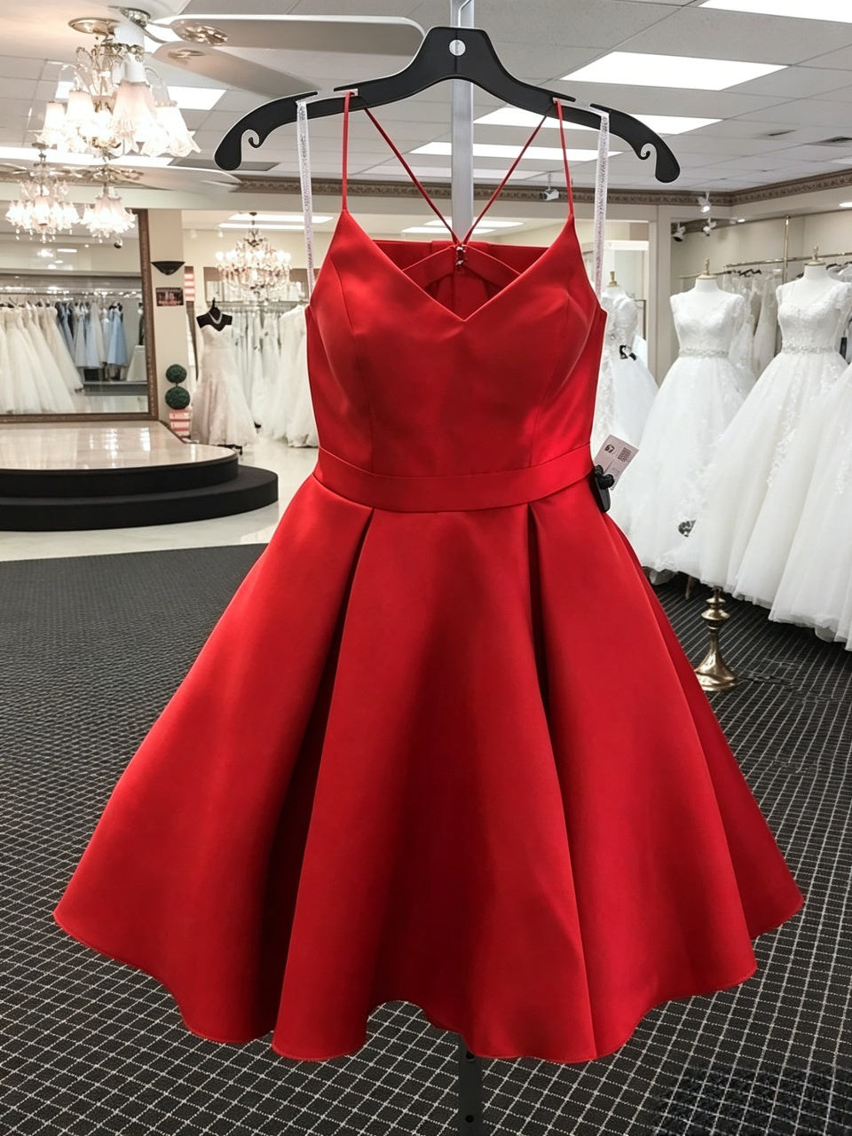 Bright Red Gloss Satin Spaghetti Strap V-Neck Back Big Bow Pockets A-Line Mini Homecoming Dresses