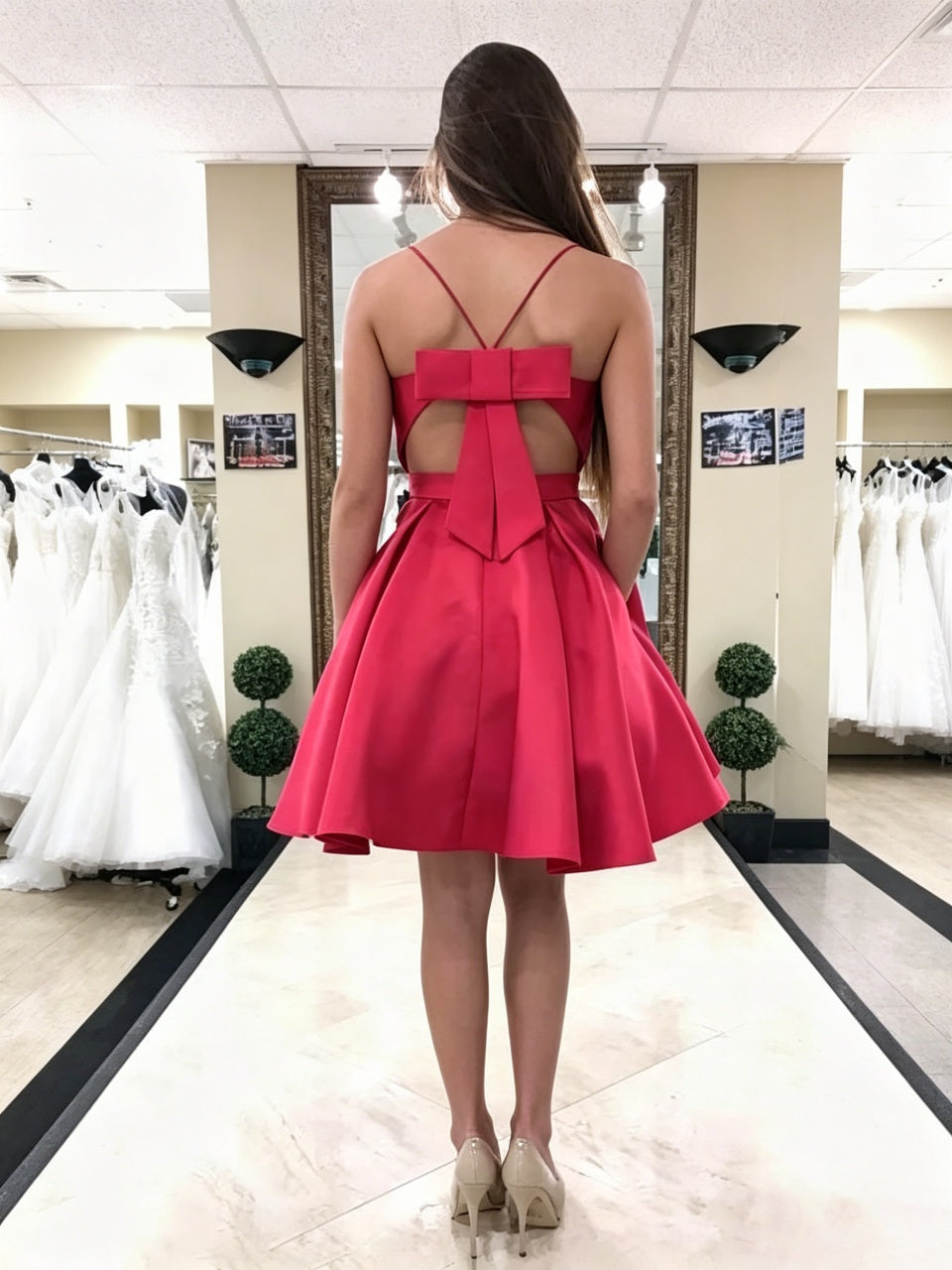 Bright Red Gloss Satin Spaghetti Strap V-Neck Back Big Bow Pockets A-Line Mini Homecoming Dresses