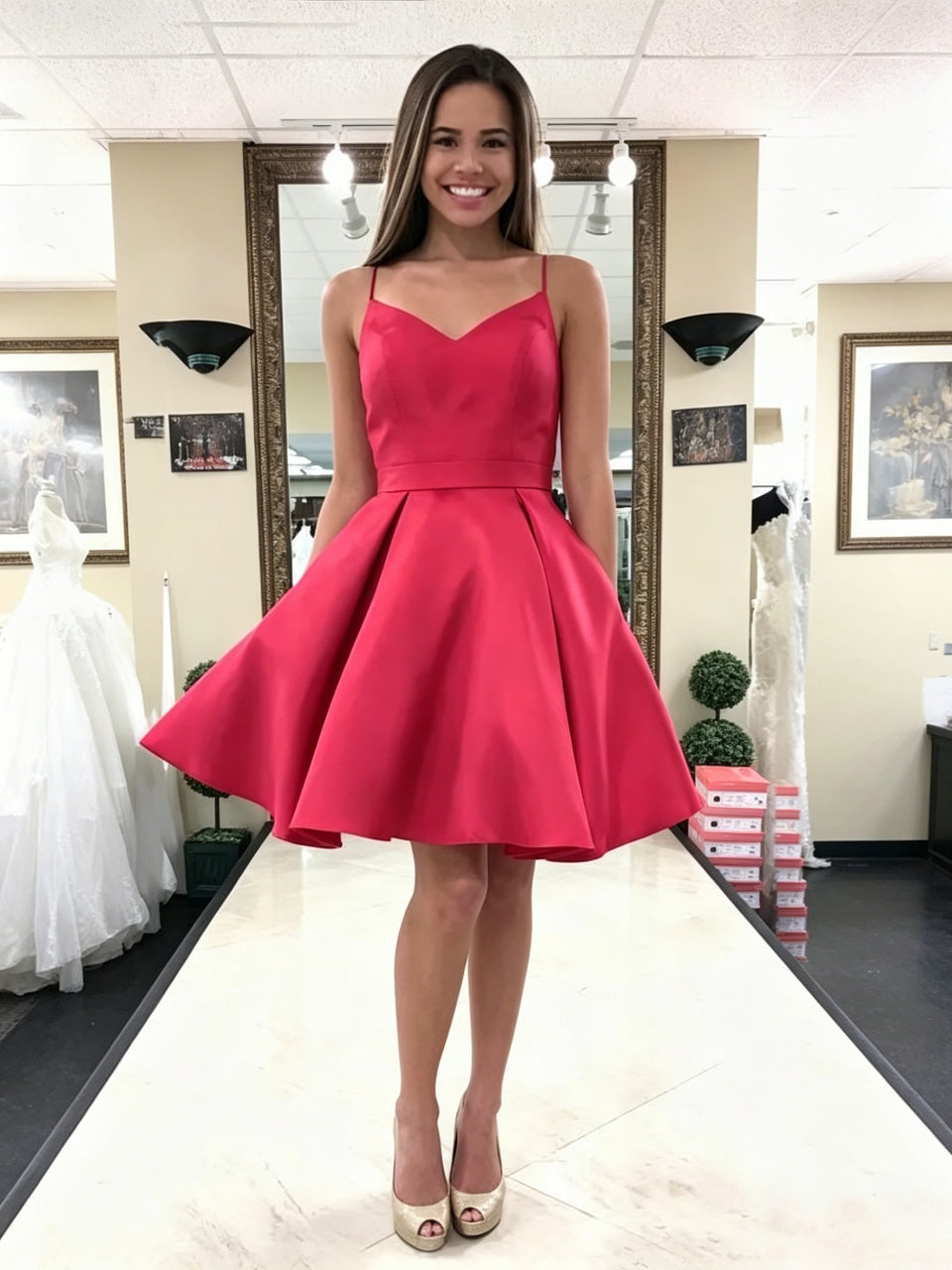 Bright Red Gloss Satin Spaghetti Strap V-Neck Back Big Bow Pockets A-Line Mini Homecoming Dresses