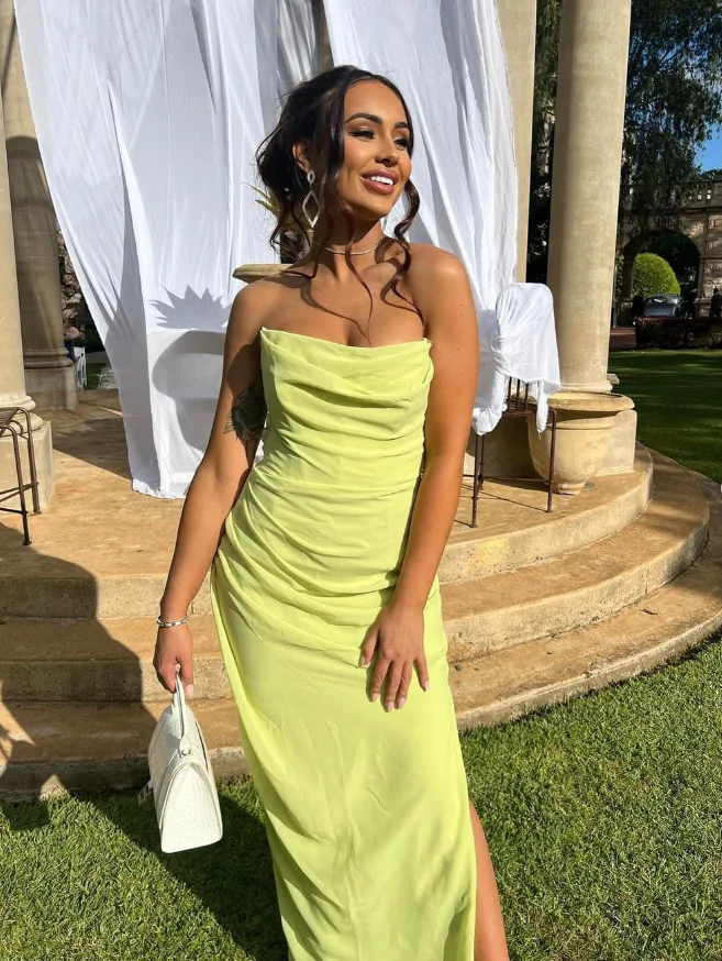 Bright Strapless Cowl Neck Ruched Slit Floor-Length Evening Dress