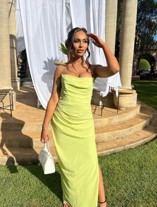 Bright Strapless Cowl Neck Ruched Slit Floor-Length Evening Dress