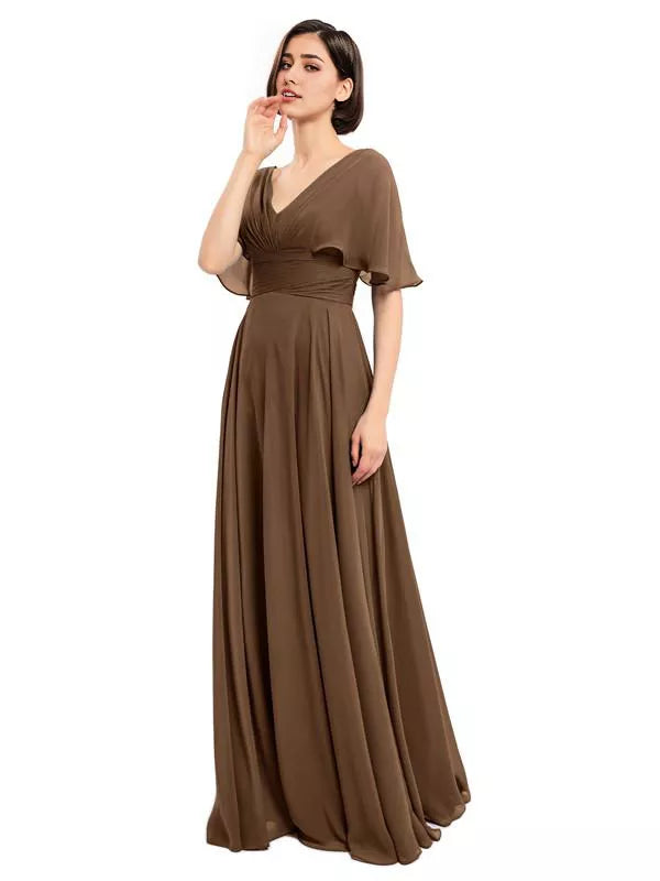 Elegantes vestidos largos de dama de honor de gasa con escote en V y mangas cortas
