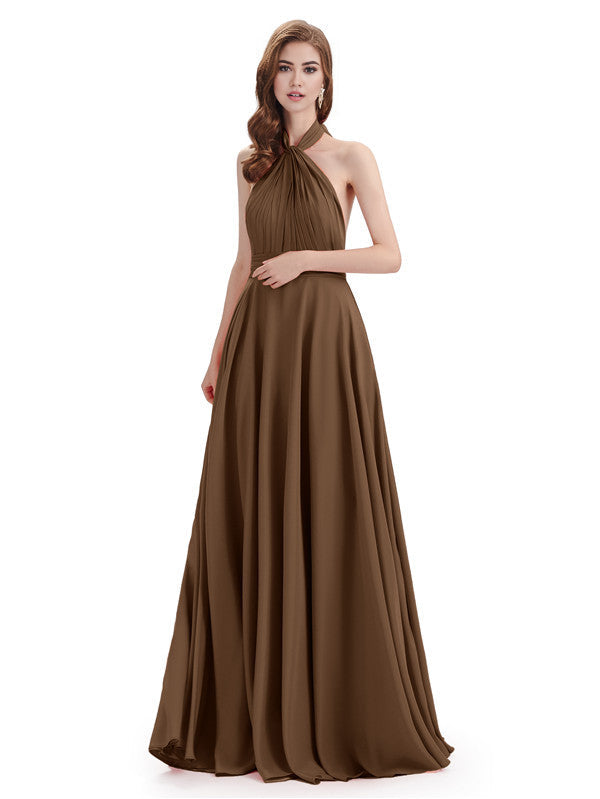 Vestidos de dama de honor sencillos de corte A, cuello alto, halter, sin mangas, plisados, de gasa, hasta el suelo