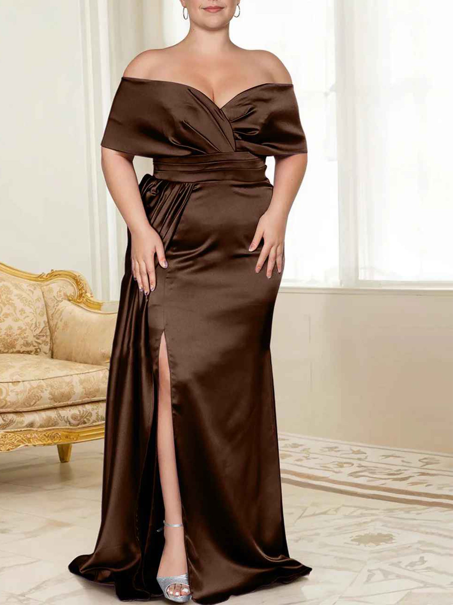 Purple Satin Sheath/column Off-the-Shoulder Floor-Length Evening Dress