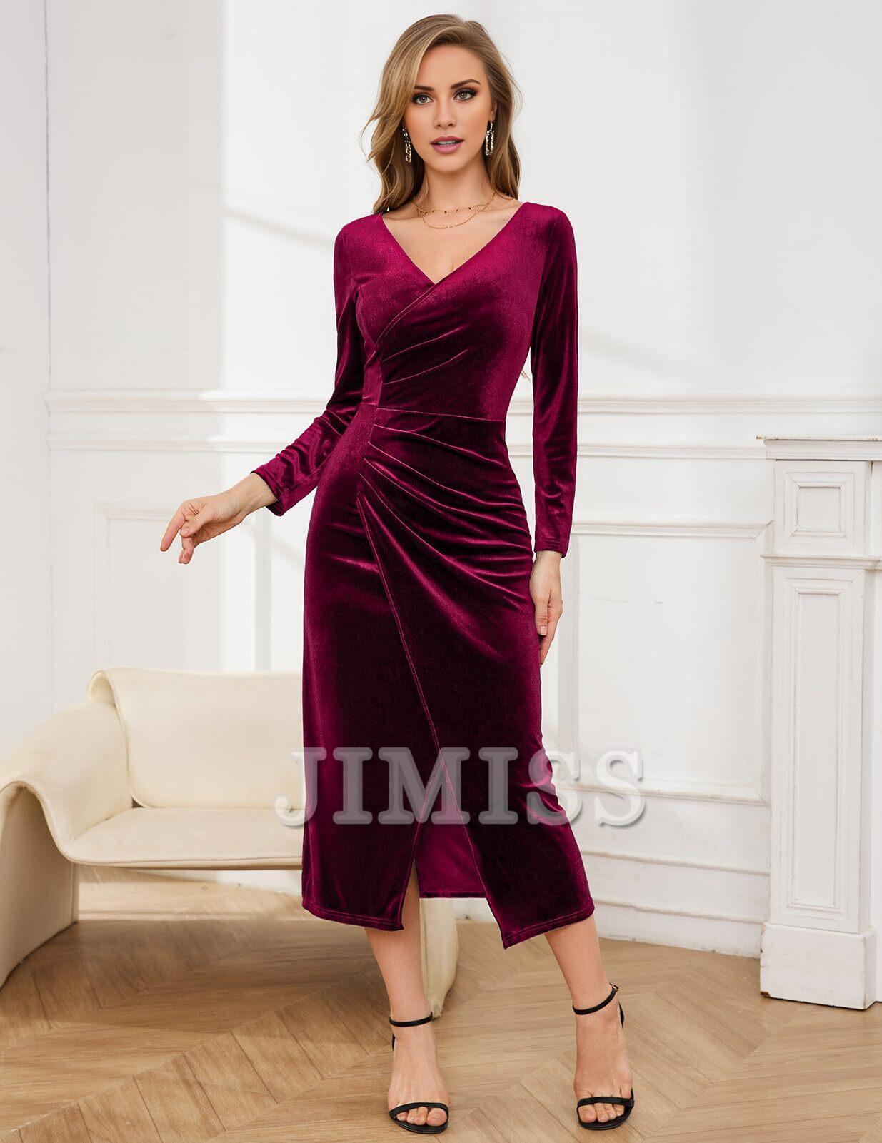 Abito in velluto da donna, a maniche lunghe, slim fit, extra lungo, avvolgente, abito da cocktail, abito da festa, abito da ospite per matrimoni invernali