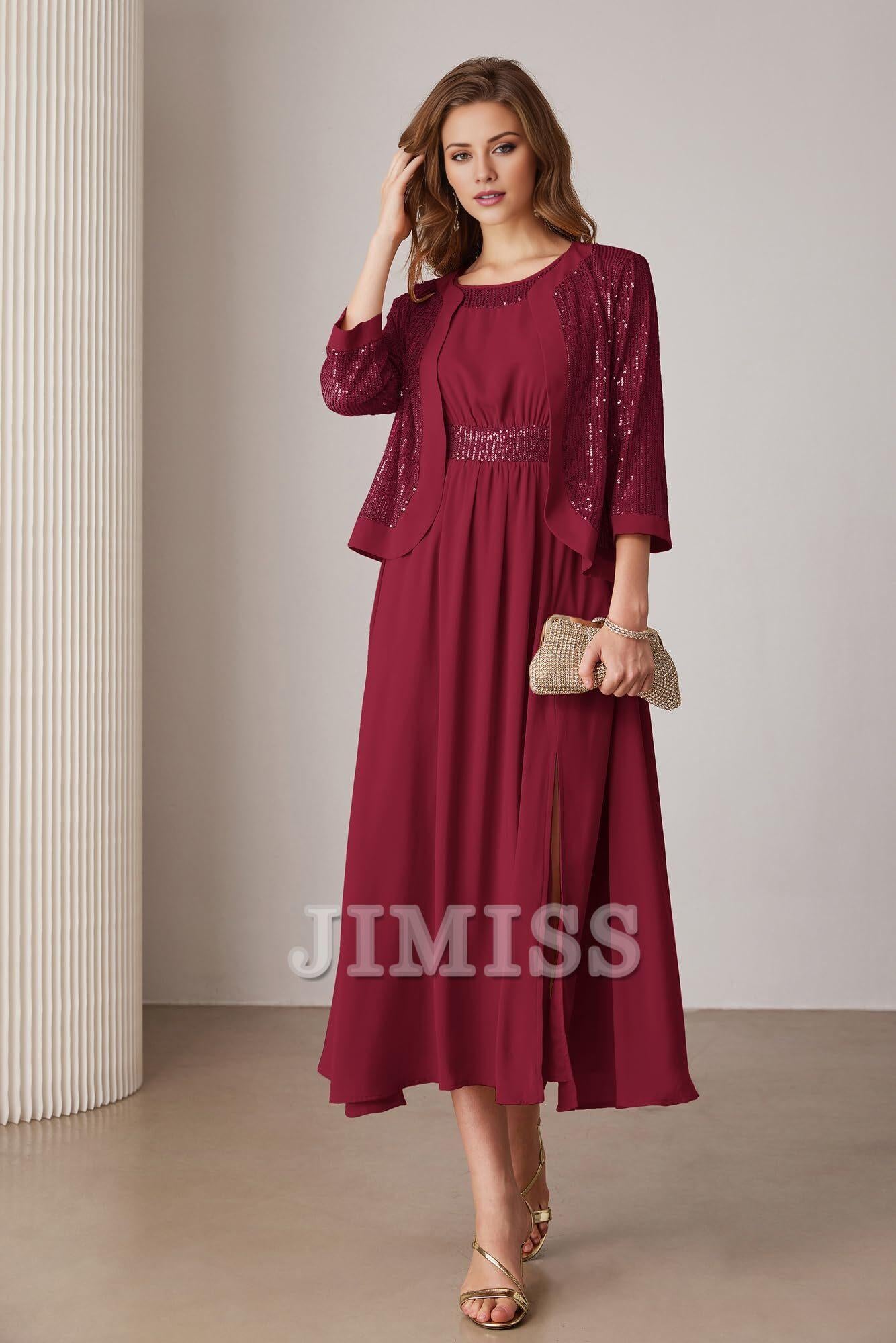 Black Chiffon A-Line Midi Evening Dress with Square Neck & Sequin Jacket