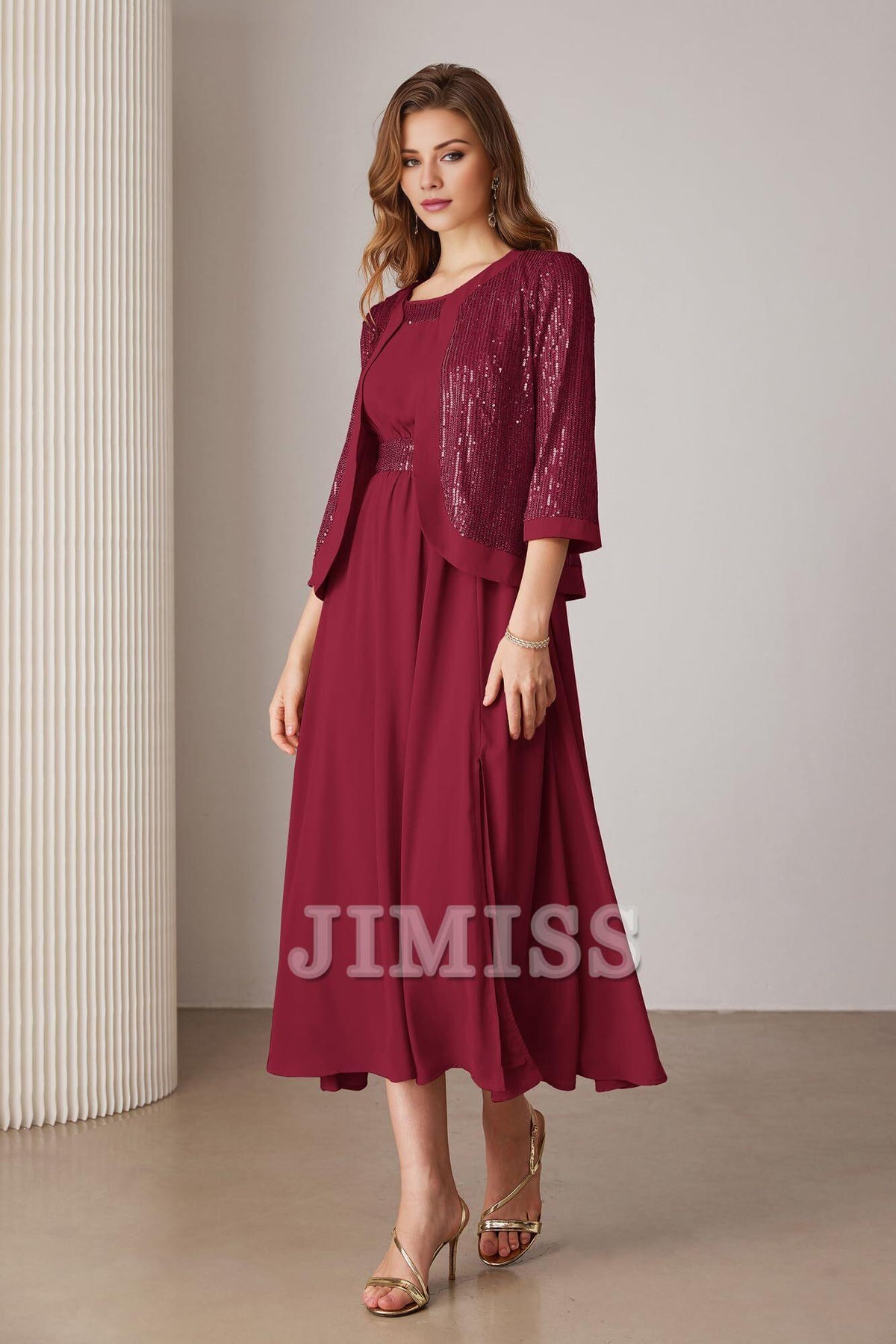 Black Chiffon A-Line Midi Evening Dress with Square Neck & Sequin Jacket