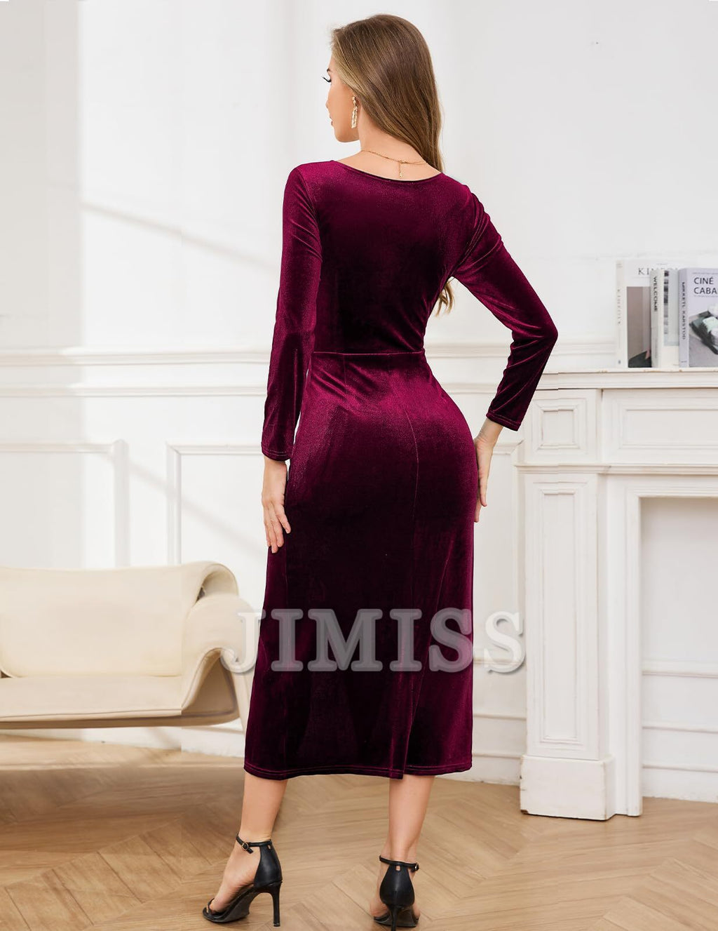 Elegant Black Velvet V-Neck Sheath/Column Midi Dress with Draped Wrap Skirt and High Slit