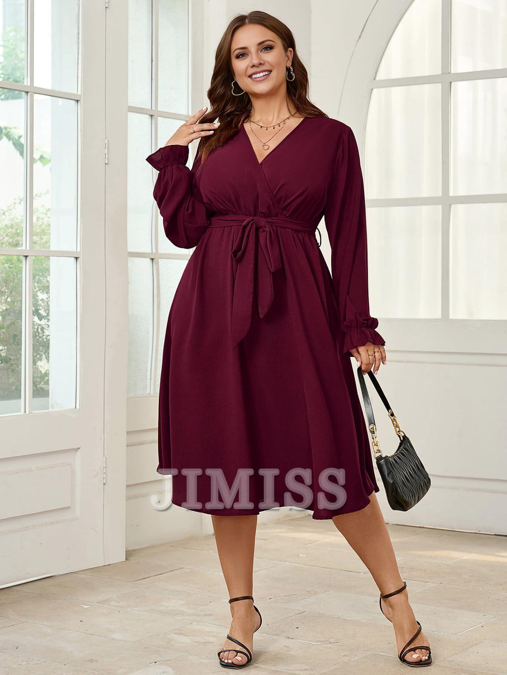 Vestido de noche de talla grande, vestido de largo medio de invierno, manga larga, cruzado, escote en V, cinturón, vestido de fiesta fluido de corte A