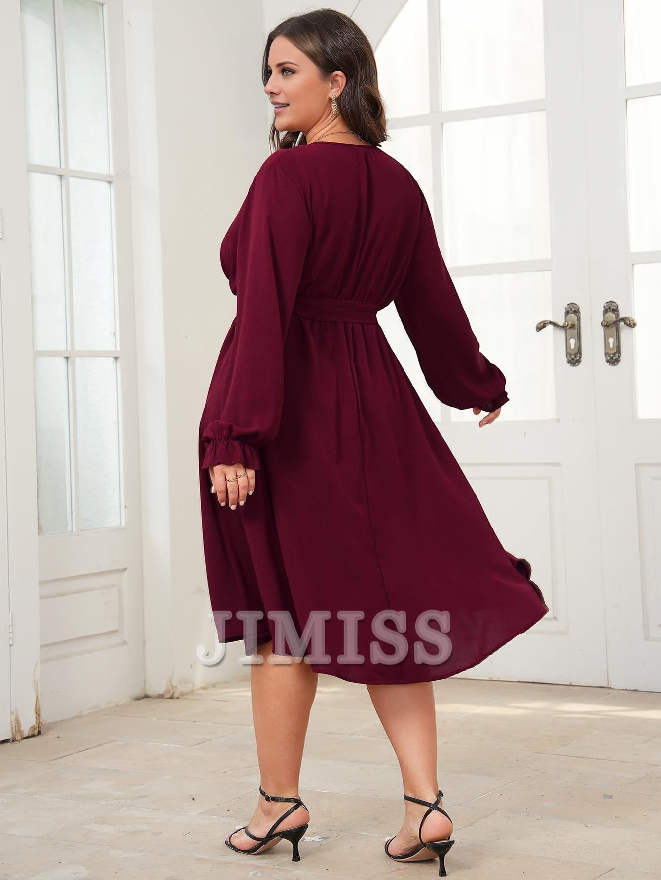 Vestido de noche de talla grande, vestido de largo medio de invierno, manga larga, cruzado, escote en V, cinturón, vestido de fiesta fluido de corte A