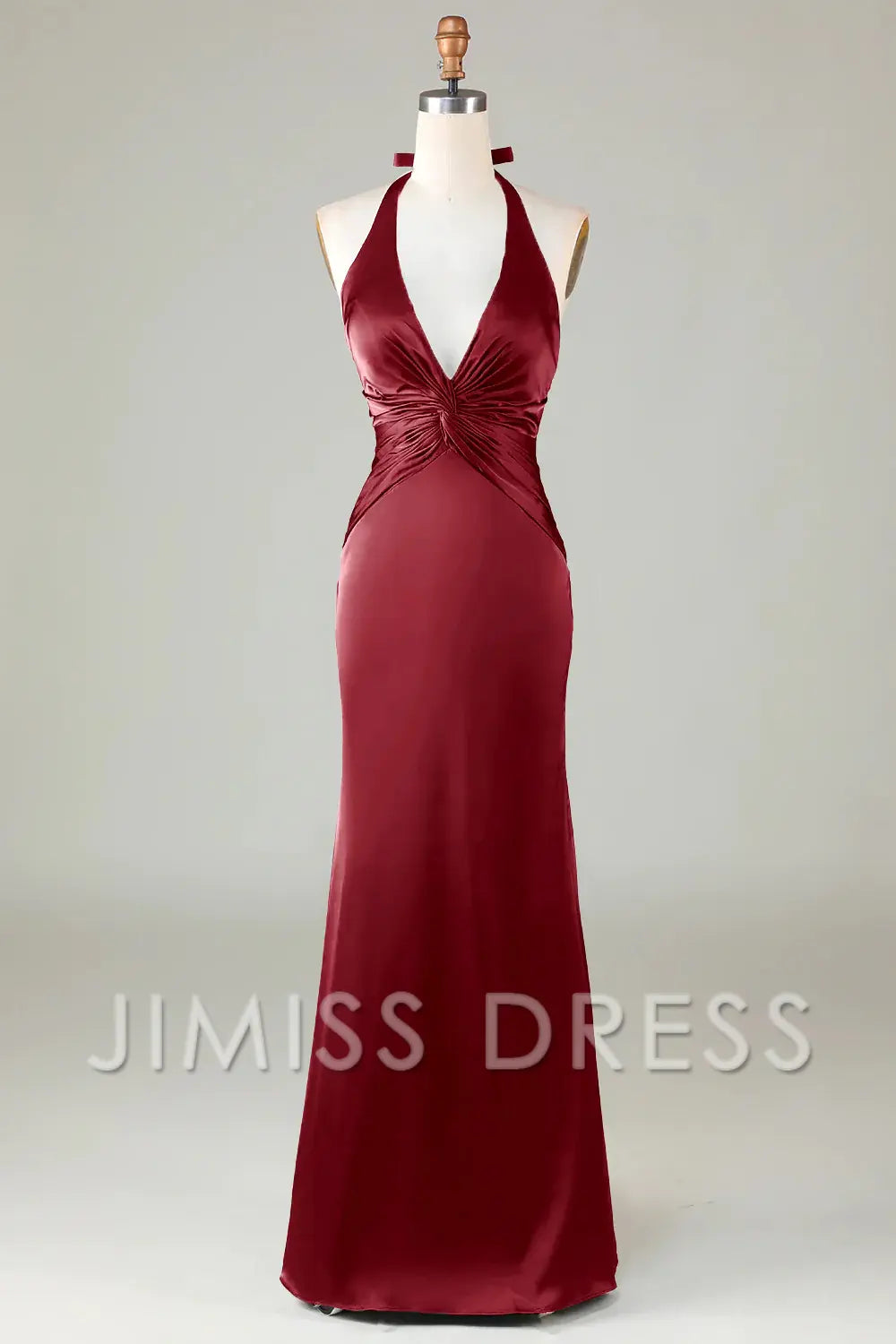 Vestido de dama de honor largo de satén verde oscuro con escote colgante y cola de pez de Jimiss