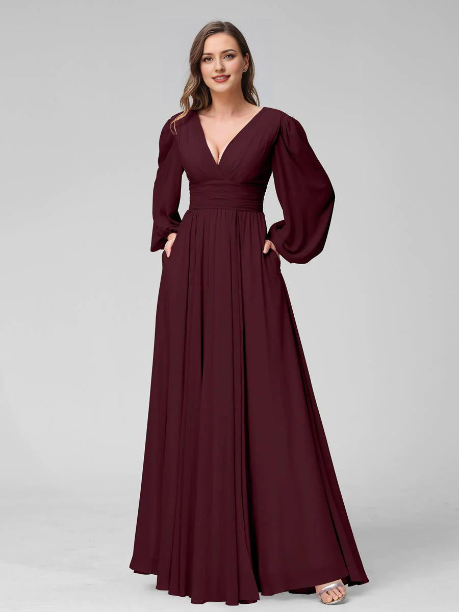 Blushing Pink Chiffon V-Neck A-Line Floor-Length Bridesmaid Dress with Bishop Sleeves