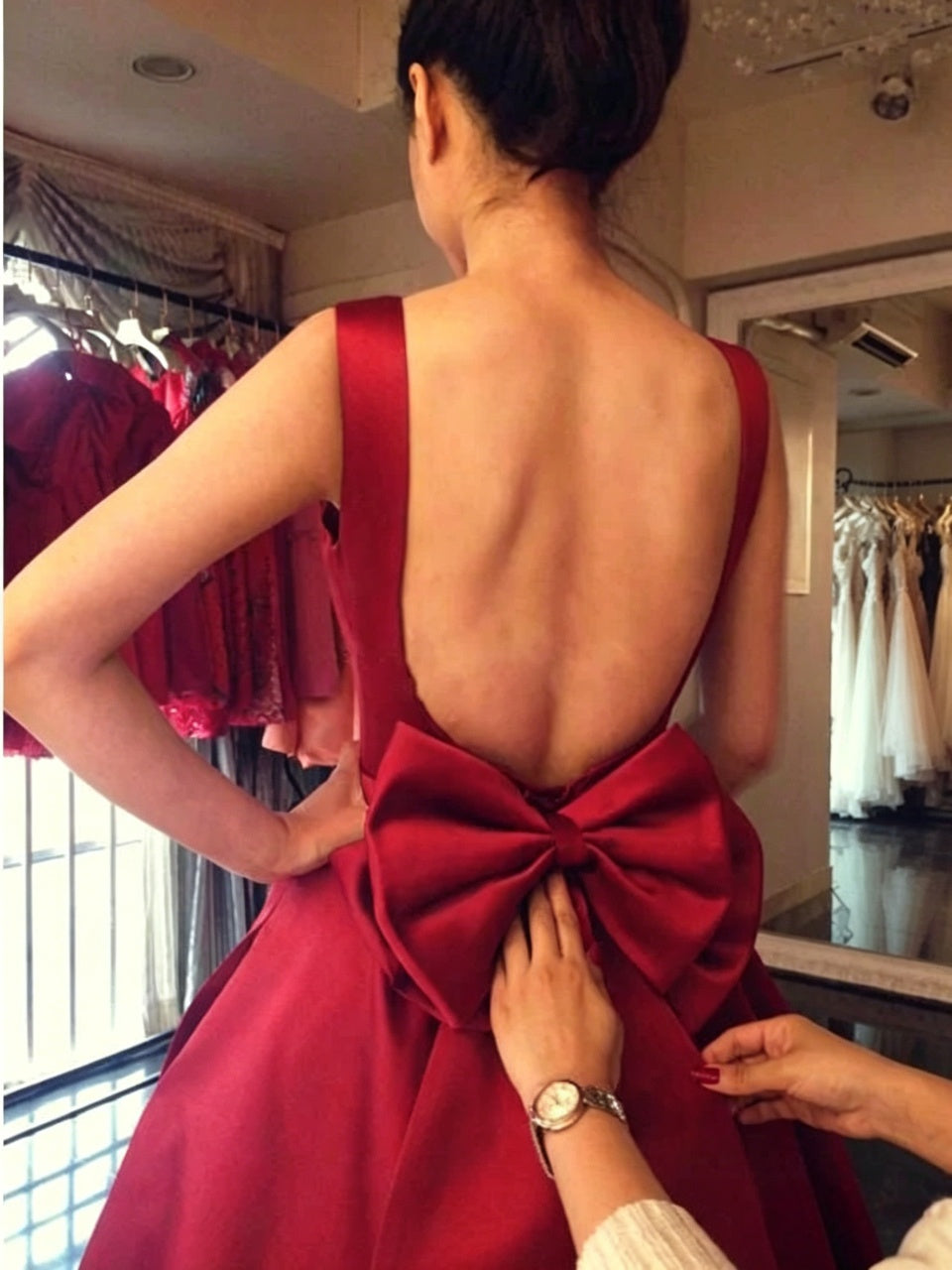 Burgundy Heavy Satin Wide Strap Square Low Open Back Big Bow Pocket A-Line Midi Homecoming Dresses